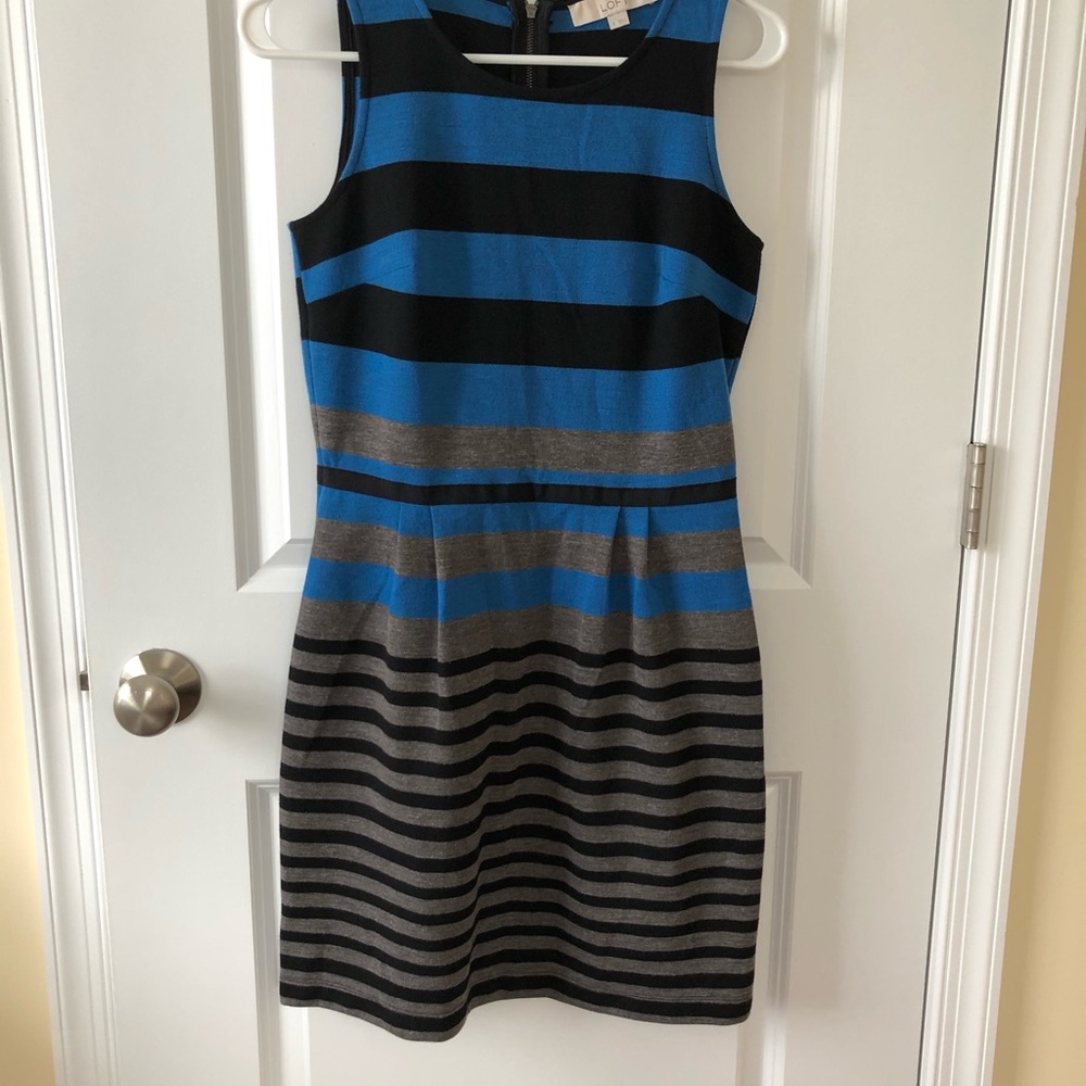 LOFT Blue, Black, Gray Striped Sleeveless Dress